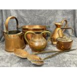 Vintage copper kitchen ware including braising pan, jugs, kettle pot and two long handled cream