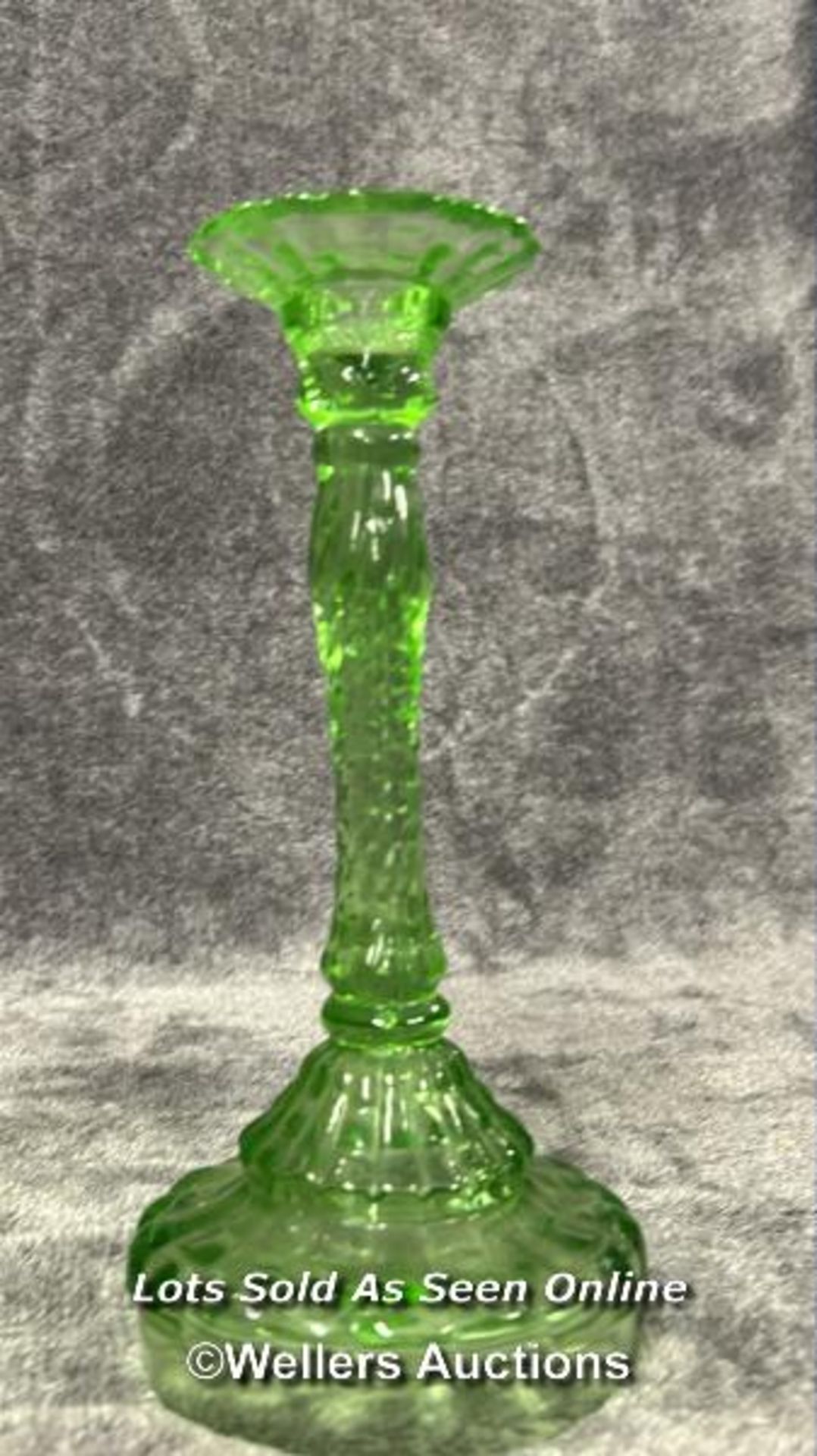 Three green uranium glass candle holders, each 24.5cm high / AN6 - Image 4 of 4