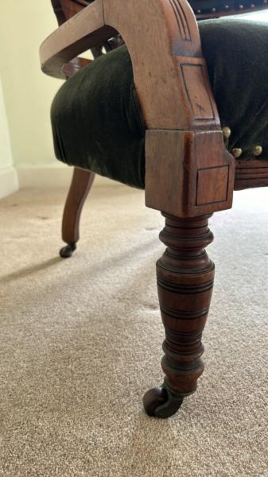 Pair of antique elbow chairs with green upholstery, 57 x 75 x 54cm (collection from private - Image 3 of 6