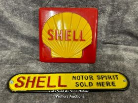 Cast iron Shell sign, 29cm long with a small plastic Shell sign / AN23