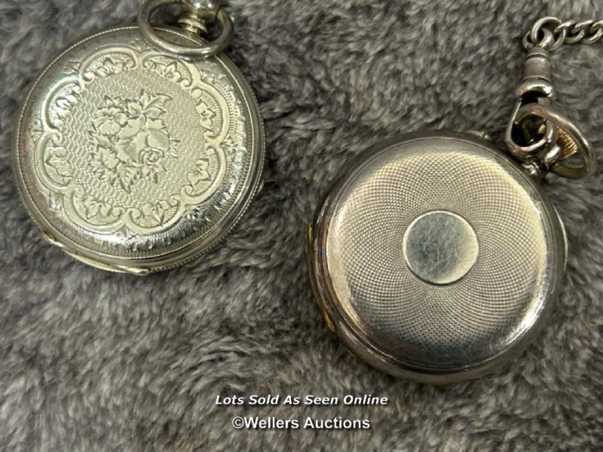 Three open face pocket watches, two with watch chains, a pendant watch on chain, a silver napkin - Image 13 of 13