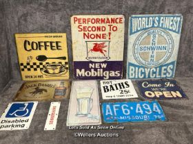 Assorted reproduction metal signs including Soconay-Vacuum Mobilegas (10)