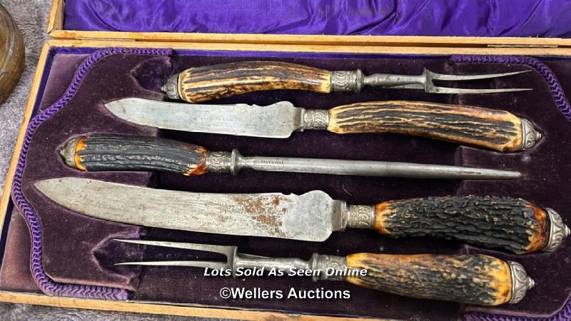 Cased antler handled carving set with assorted glassware and trinket boxes / AN17 - Image 2 of 9