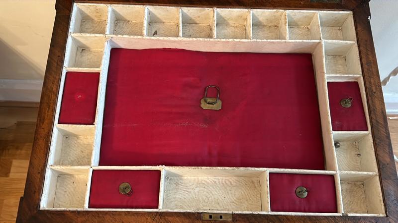 Antique walnut sewing table with sectional interior, clawed feet on casters and working lock with - Image 3 of 7