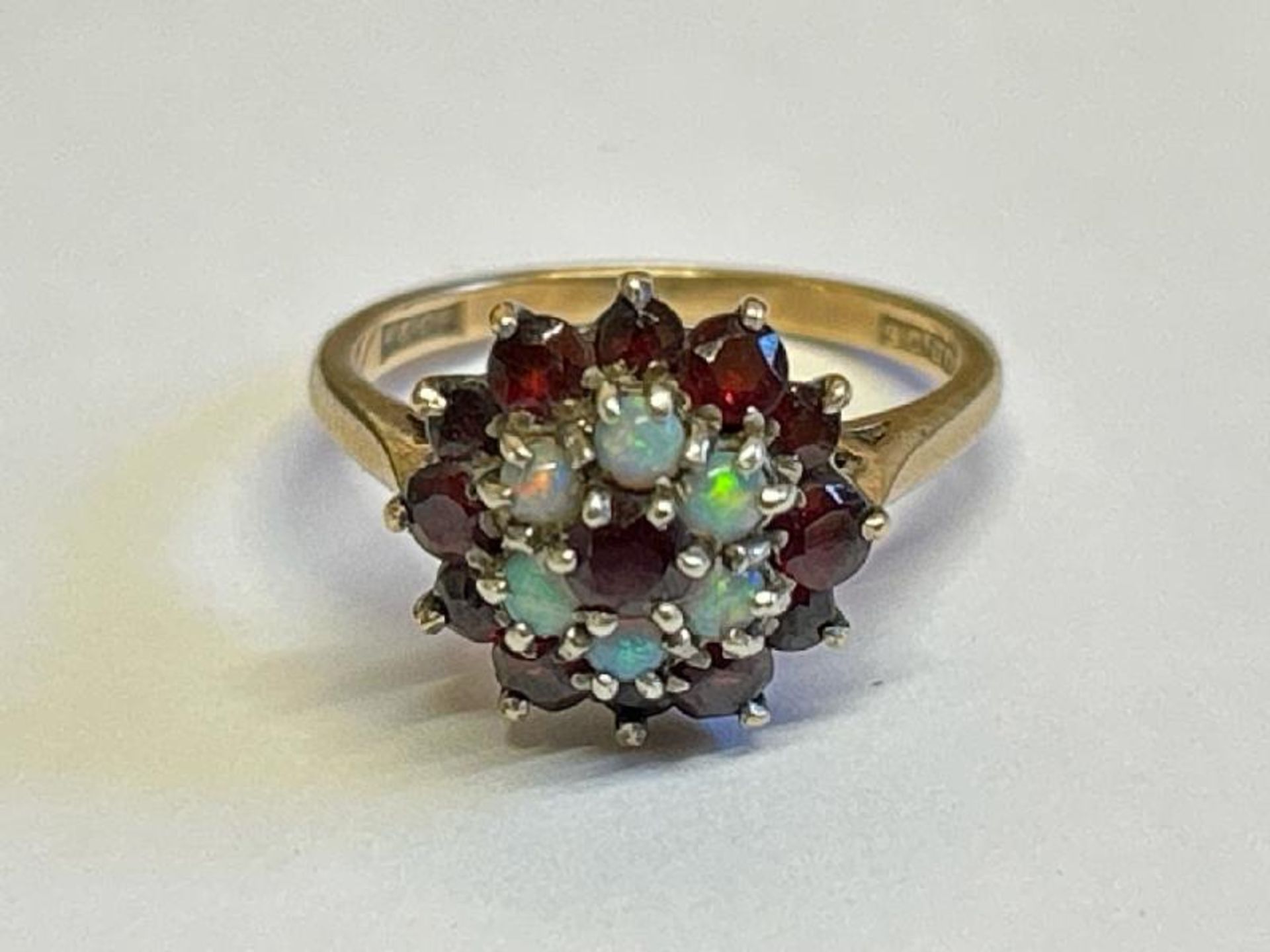 Opal and garnet cluster ring stamped 9ct gold. Ring size M, gross weight 3.89g / SF