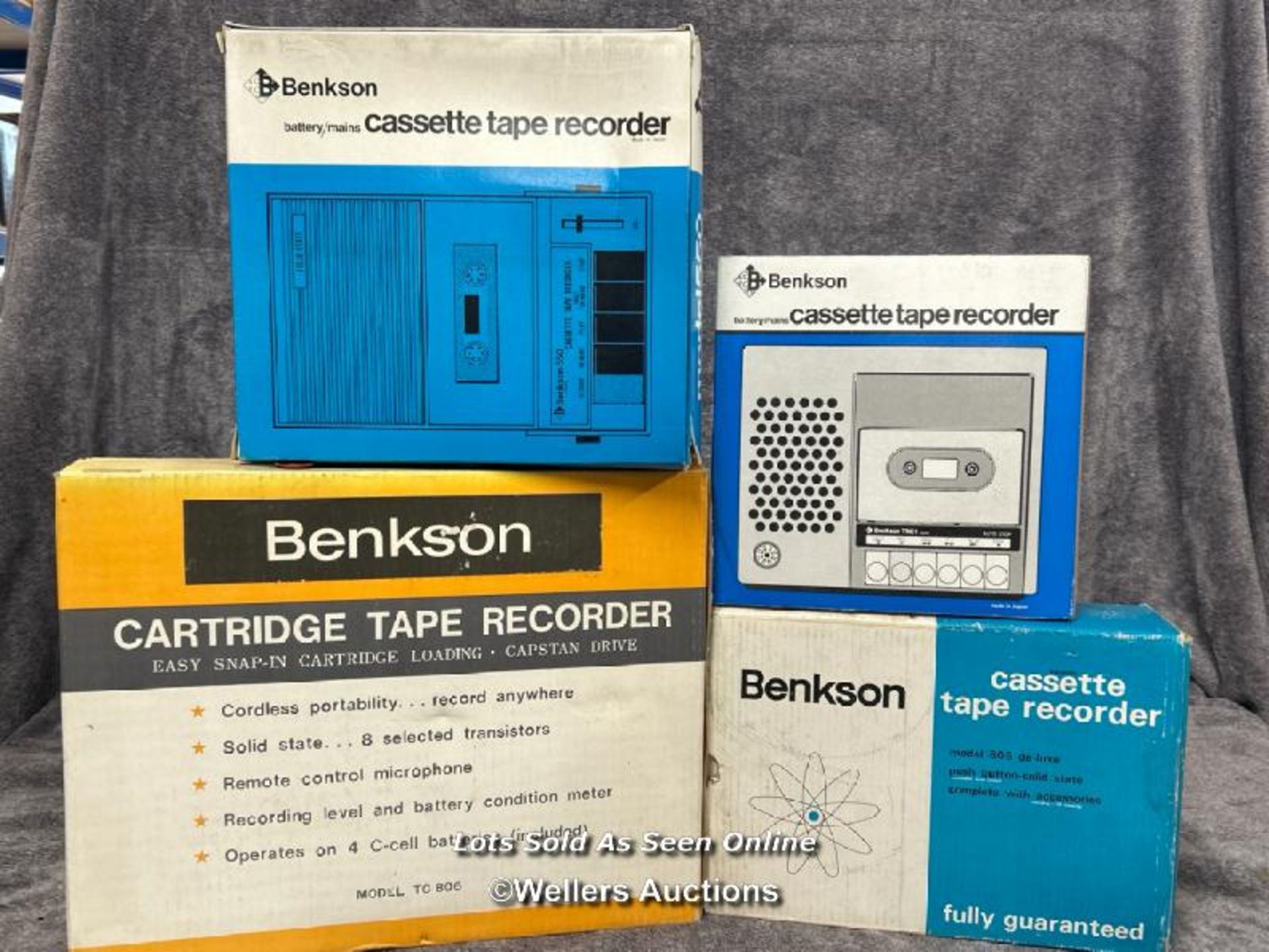Four vintage boxed Benkson cassette tape recorders including model TC-808, from the private