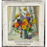 Eileen Izard, oil on canvas floral still life "Gold and Purple", signed, in painted gilt frame,