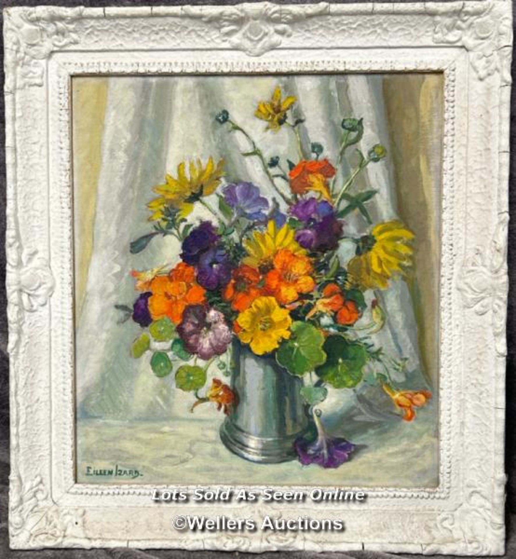 Eileen Izard, oil on canvas floral still life "Gold and Purple", signed, in painted gilt frame,