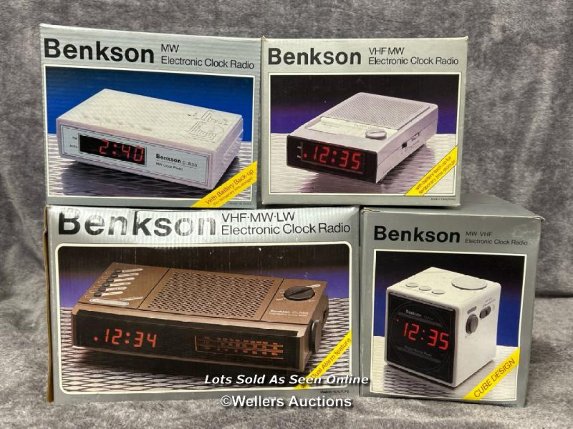 Four vintage boxed Benksons radio alarm clocks, from the private collection of the founder of