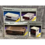 Four vintage boxed Benksons radio alarm clocks, from the private collection of the founder of