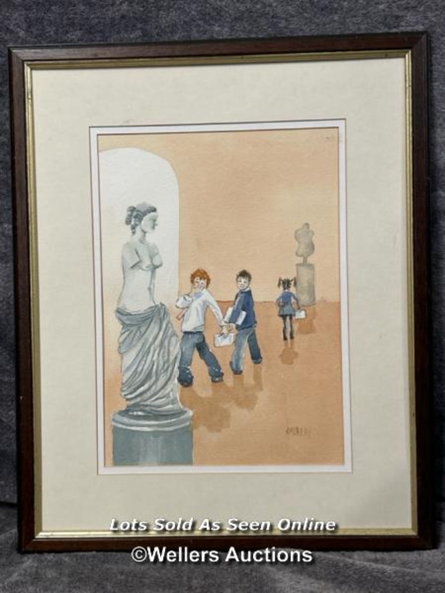 Framed watercolour of school children looking at Venus de Milo, signed A.Murray, 25.5 x 36cm