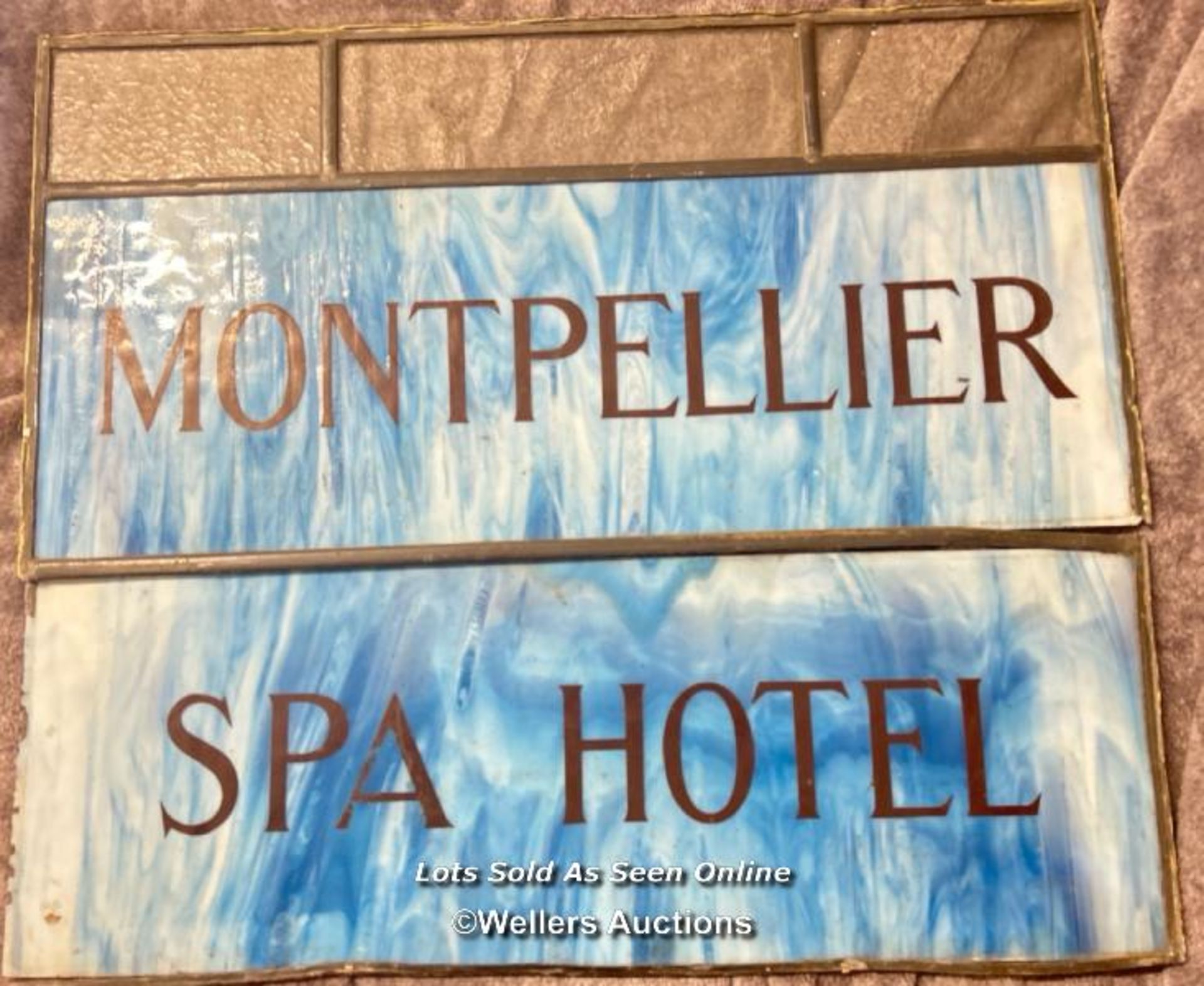 Montpellier Spa Hotel blue glass and lead entrance sign, 66 x 56cm / AN35