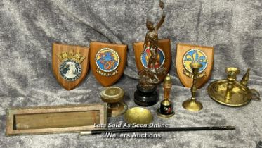 Assorted mainly brass items including candle holders, letter box, bell and door knob with a metal