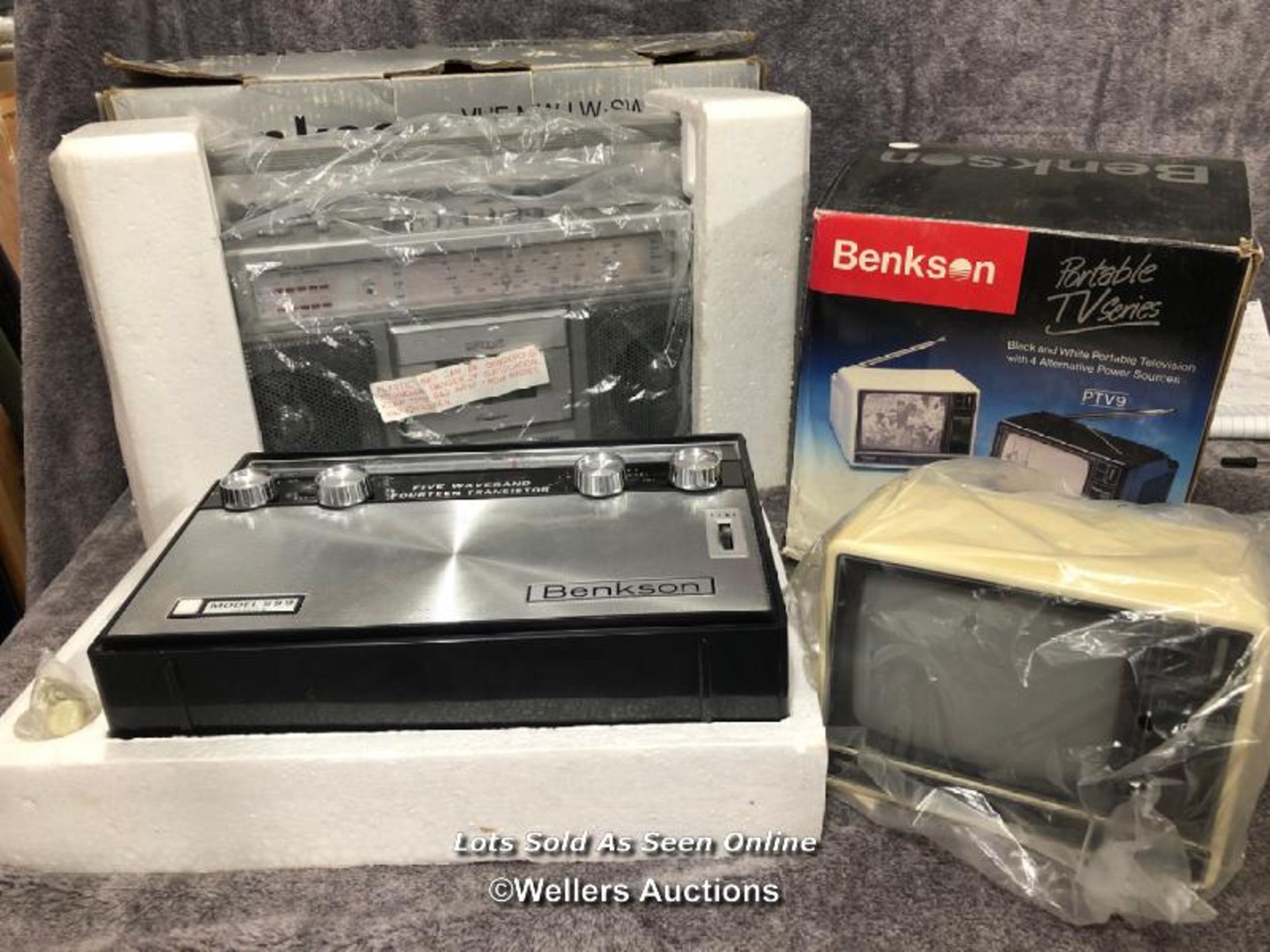 Benkson stereo radio cassette recorder, transistor radio and PTV9 black and white portable