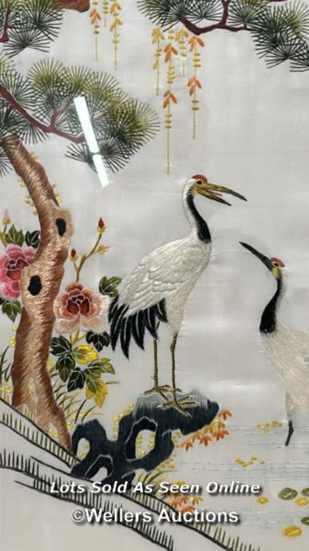 Five Chinese silk embroidered pictures depicting birds and scenery, two unframed, largest 42 x - Image 6 of 16