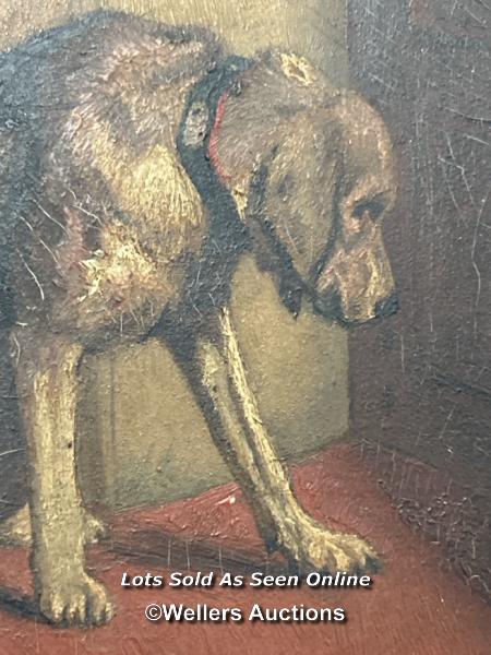 Small old oil on board painting of a Dog head bowed, with what could be armour gauntlets on the - Image 3 of 5