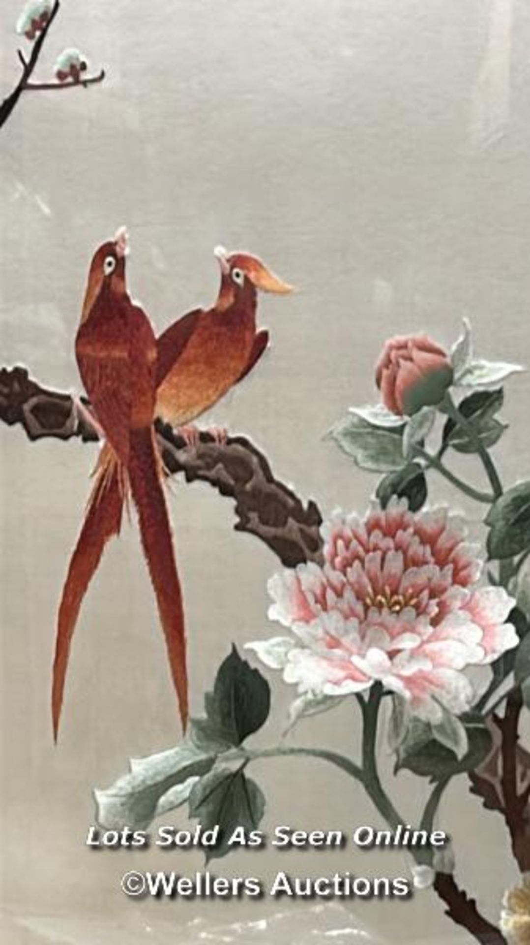 Five Chinese silk embroidered pictures depicting birds and scenery, two unframed, largest 42 x - Image 9 of 16