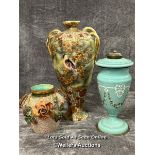 Large Satsuma style vase decorated with birds and flowers, 47cm high with a ceramic oil lamp (