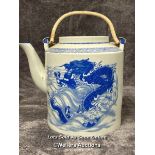 Vintage blue & white Chinese wedding tea pot decorated with a Sea Dragon, makers mark at the base,