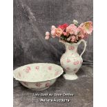 Large rose pattern wash bowl with water jug and faux flowers / AN43