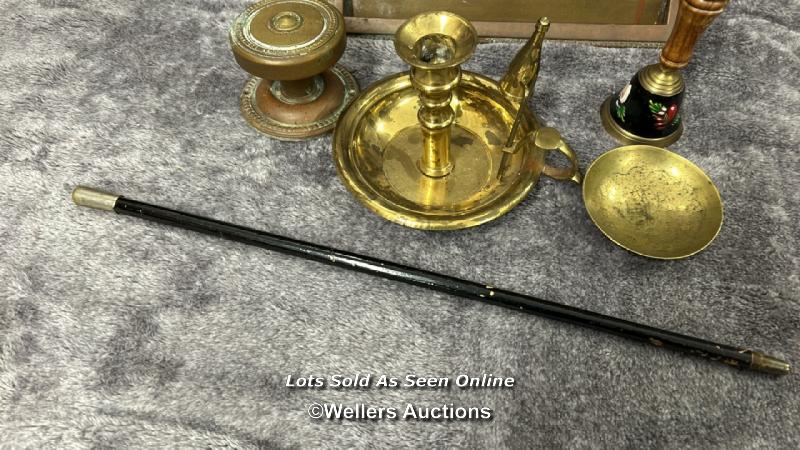 Assorted mainly brass items including candle holders, letter box, bell and door knob with a metal - Image 8 of 9