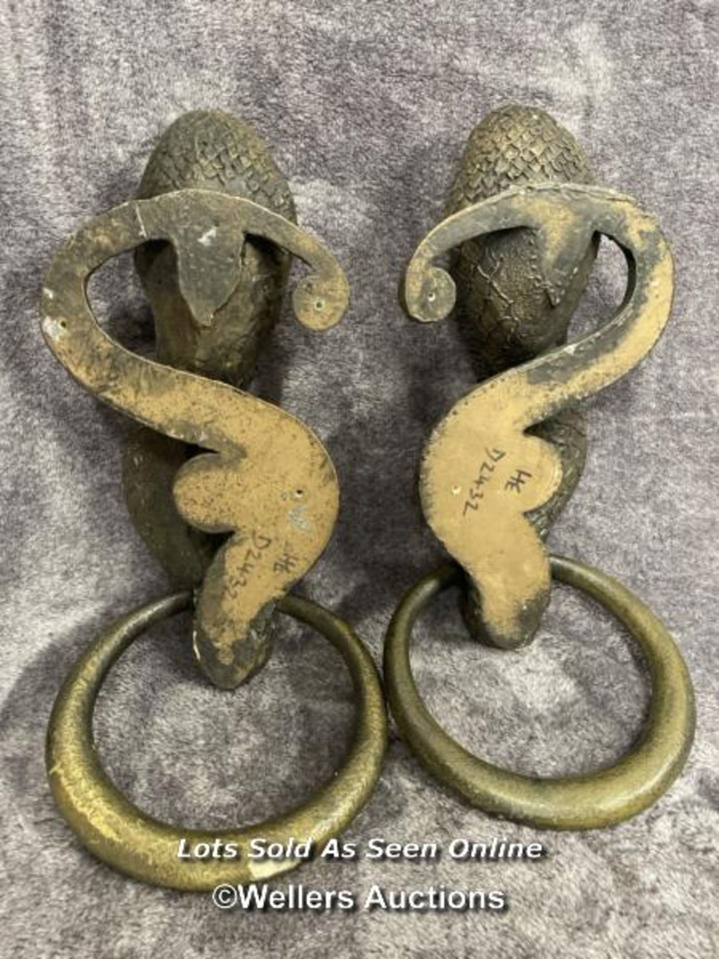 A pair of plaster bronze effect cobra door handles, 46cm high - Image 3 of 3