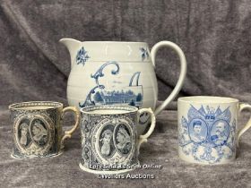 Two William Whiteley Queen Victoria longest reign mugs with one Royal Doulton King Edward VII mug