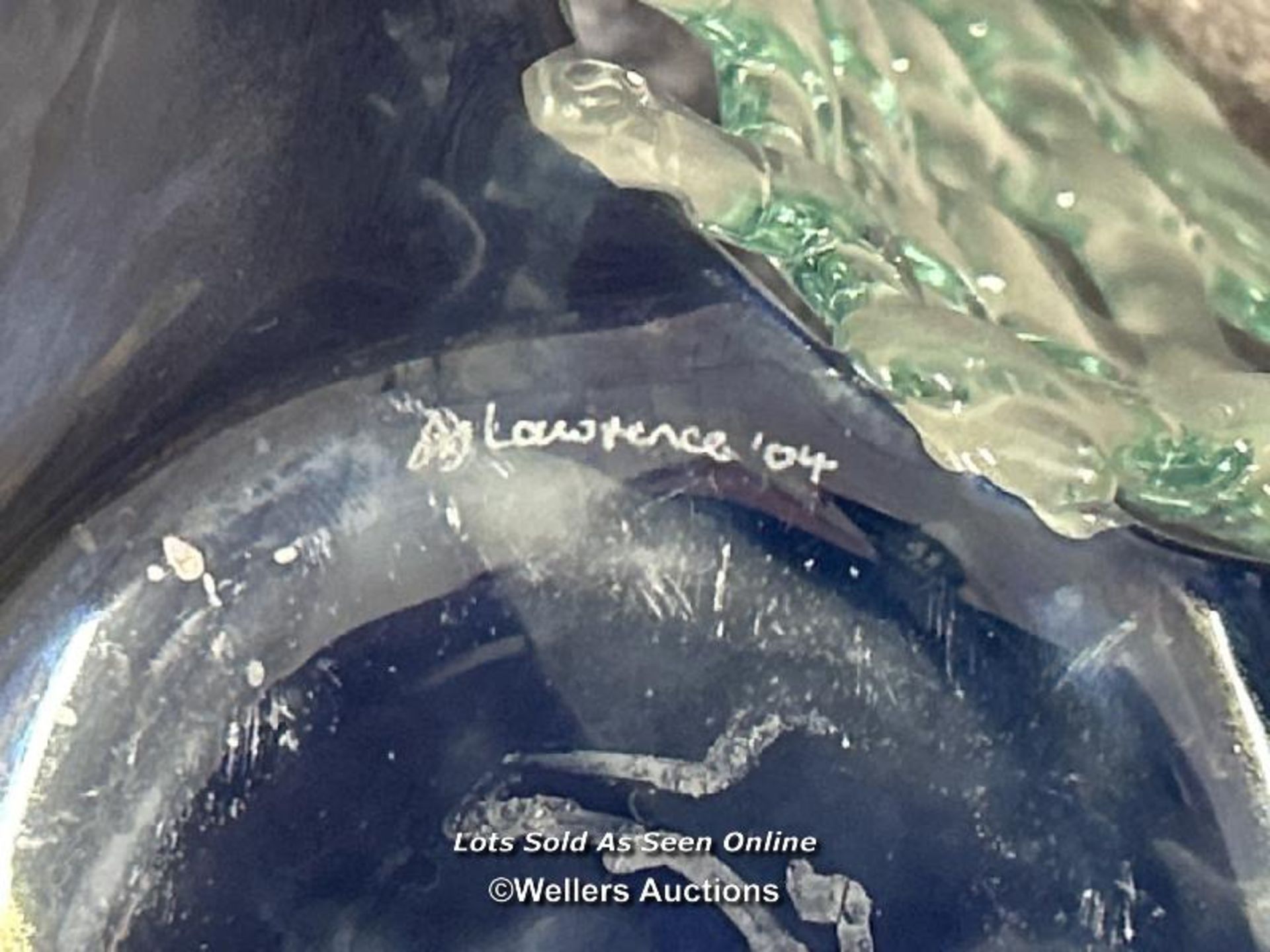 A contempory glass bowl pearced on one side, signed 'Lawrence 04' ,16cm high, 34cm wide / AN3 - Image 5 of 5