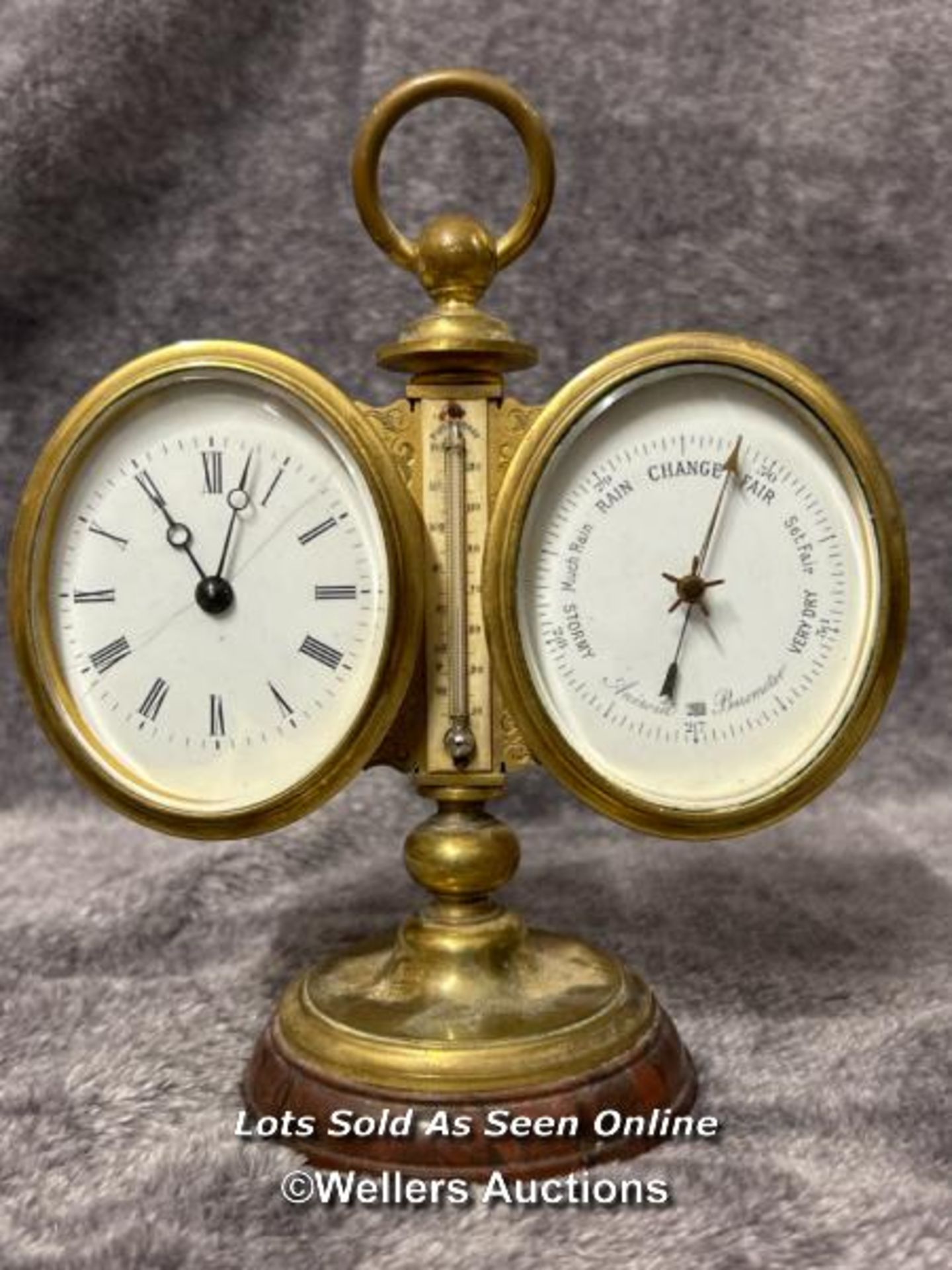 Antique brass desk clock & barameter, 16cm high / AN3