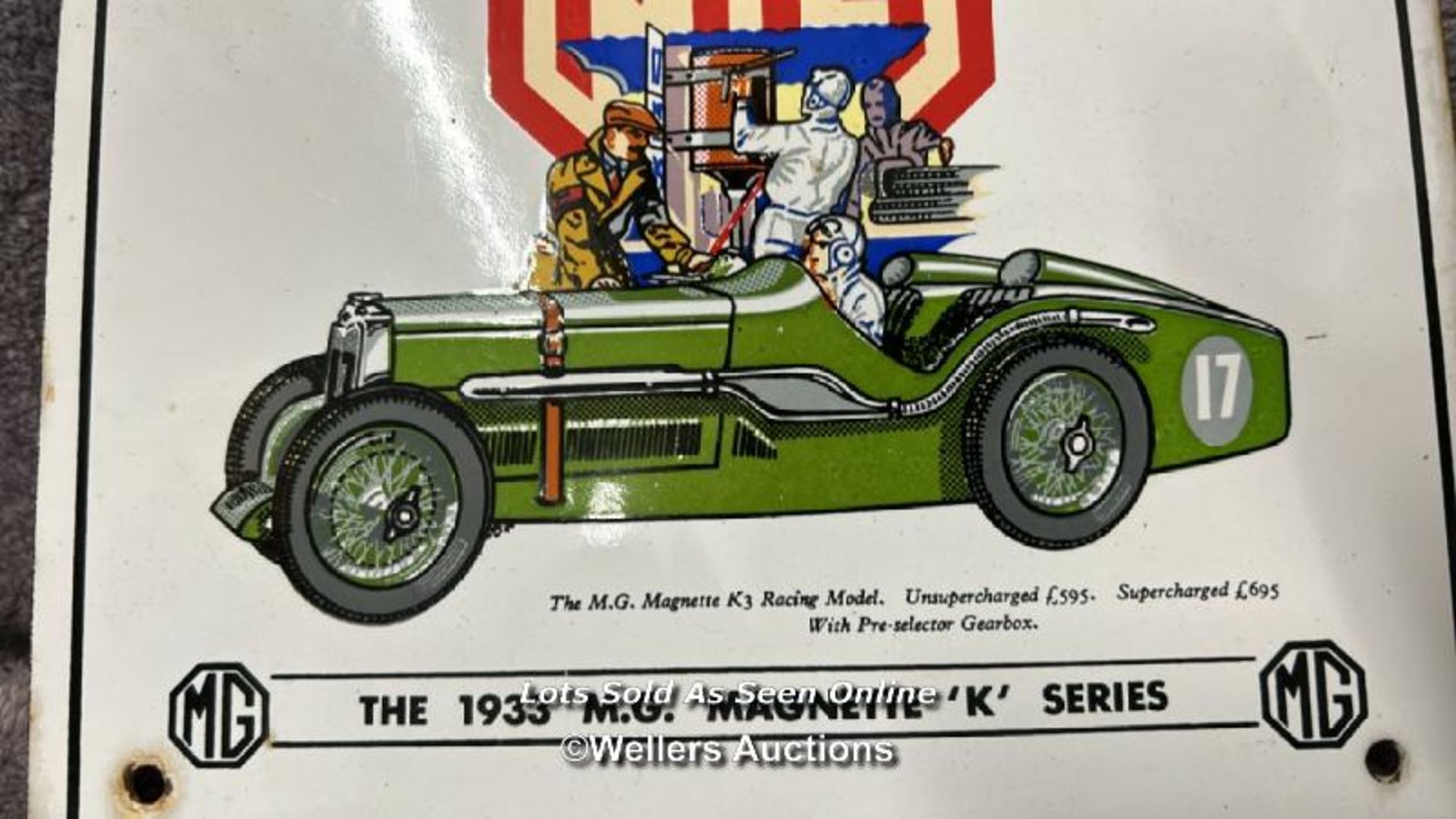 M.G. "Safety Fast!" enamel sign featuring the 1933 M.G. Magnette 'K' series sports car, 22x22cm / - Image 2 of 7