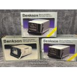 Three boxed vintage Benkson portable 5" B/W televisions, from the private collection of the