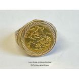 Gold sovereign ring. 1982 sovereign in hallmarked 9ct gold ring, size Y. Gross weight 9.53g / SF