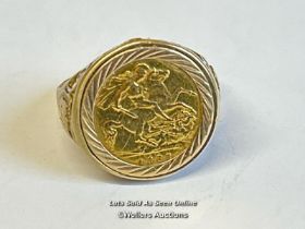 Gold sovereign ring. 1982 sovereign in hallmarked 9ct gold ring, size Y. Gross weight 9.53g / SF