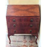 Mahogany bureau with three drawers and brass fittings, 74x98.5 x 40cm (collection from private
