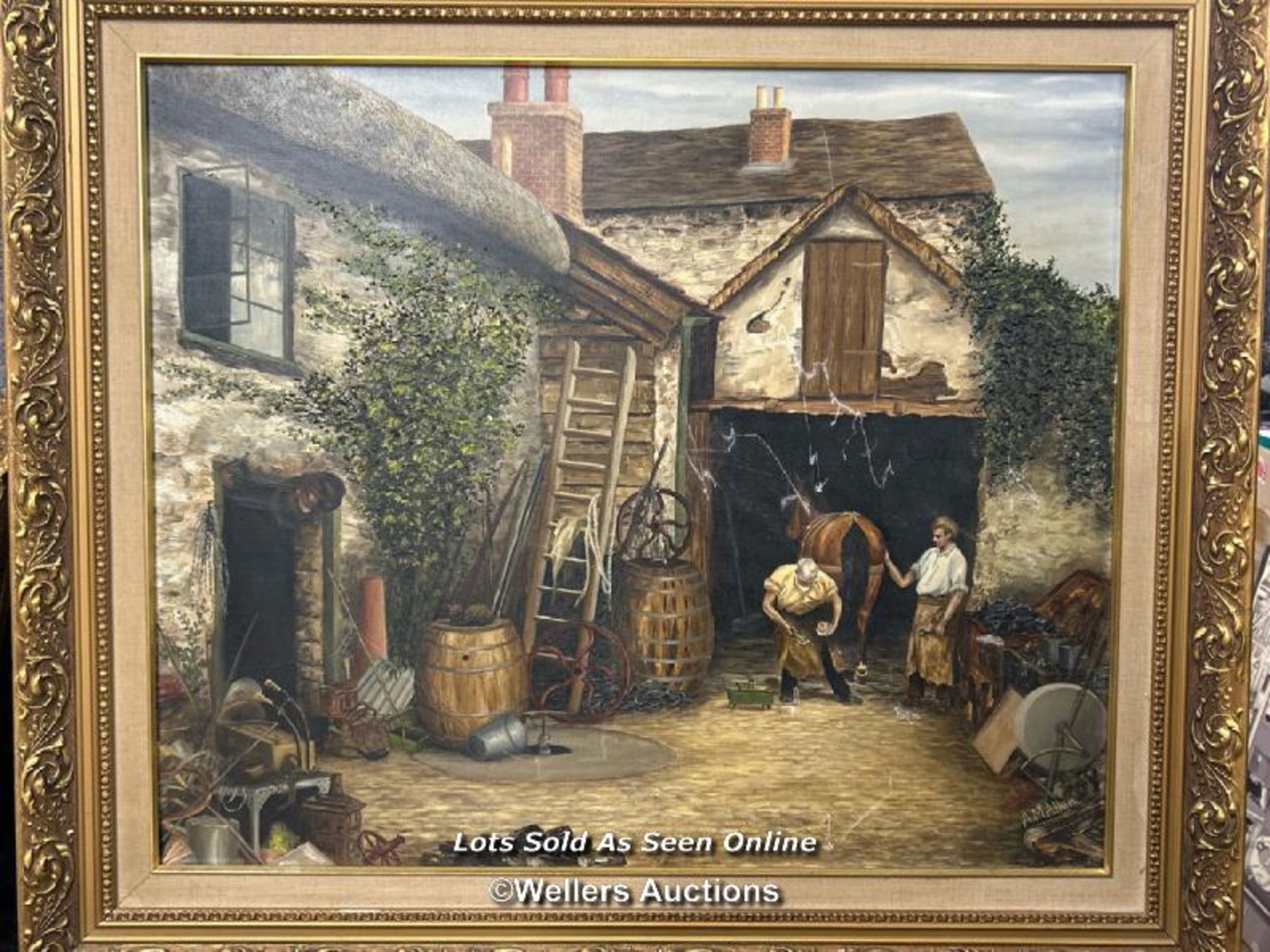 Four original paintings including A.M. Allen farm scene oil on canvas, 59 x 49cm - Image 2 of 10