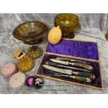Cased antler handled carving set with assorted glassware and trinket boxes / AN17