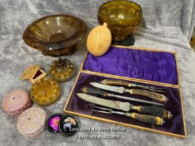 Cased antler handled carving set with assorted glassware and trinket boxes / AN17