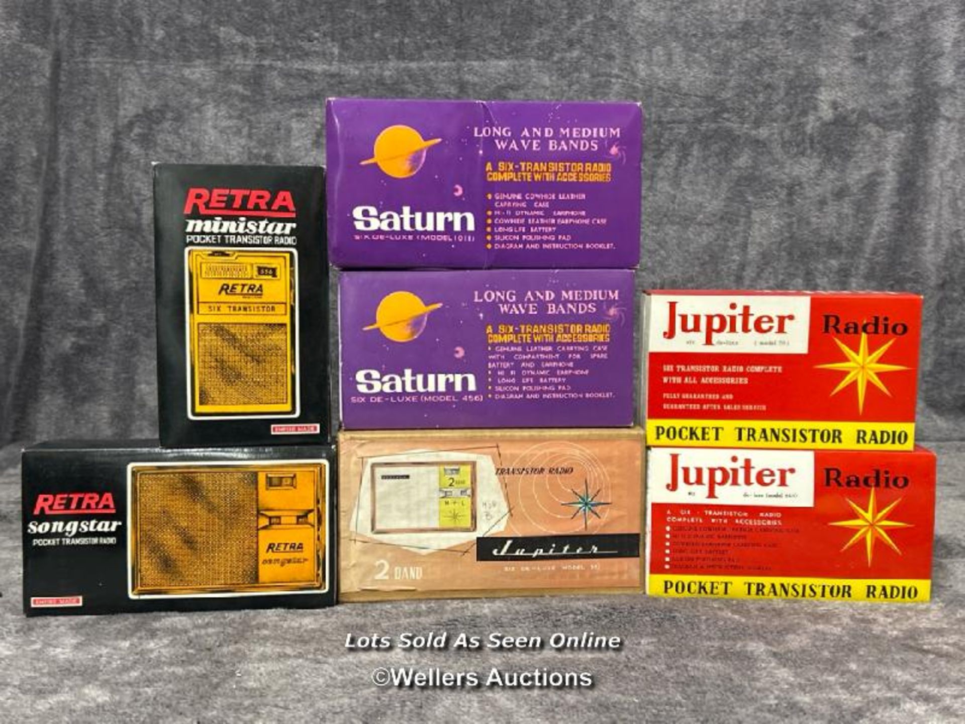 Seven vintage boxed transister radios including Saturn, Jupiter and Retra, from the private