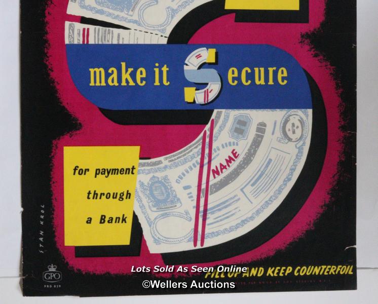 Vintage G.P.O. poster "Before sending postal order make it secure", art by Stan Kroll, c1950's - Image 4 of 9