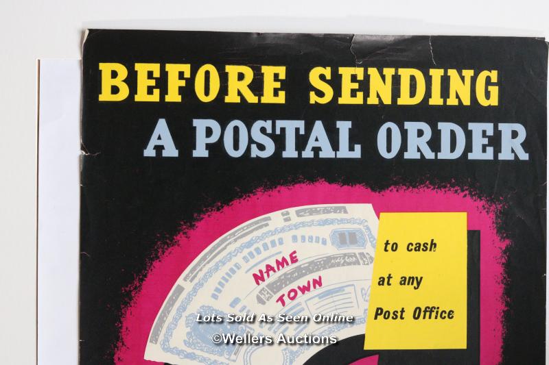 Vintage G.P.O. poster "Before sending postal order make it secure", art by Stan Kroll, c1950's - Image 7 of 9