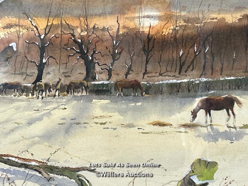 Bernard Bays (1910 - 1994) watercolour depicting Horses at sunrise, unsigned, 35x26cm - Image 2 of 3