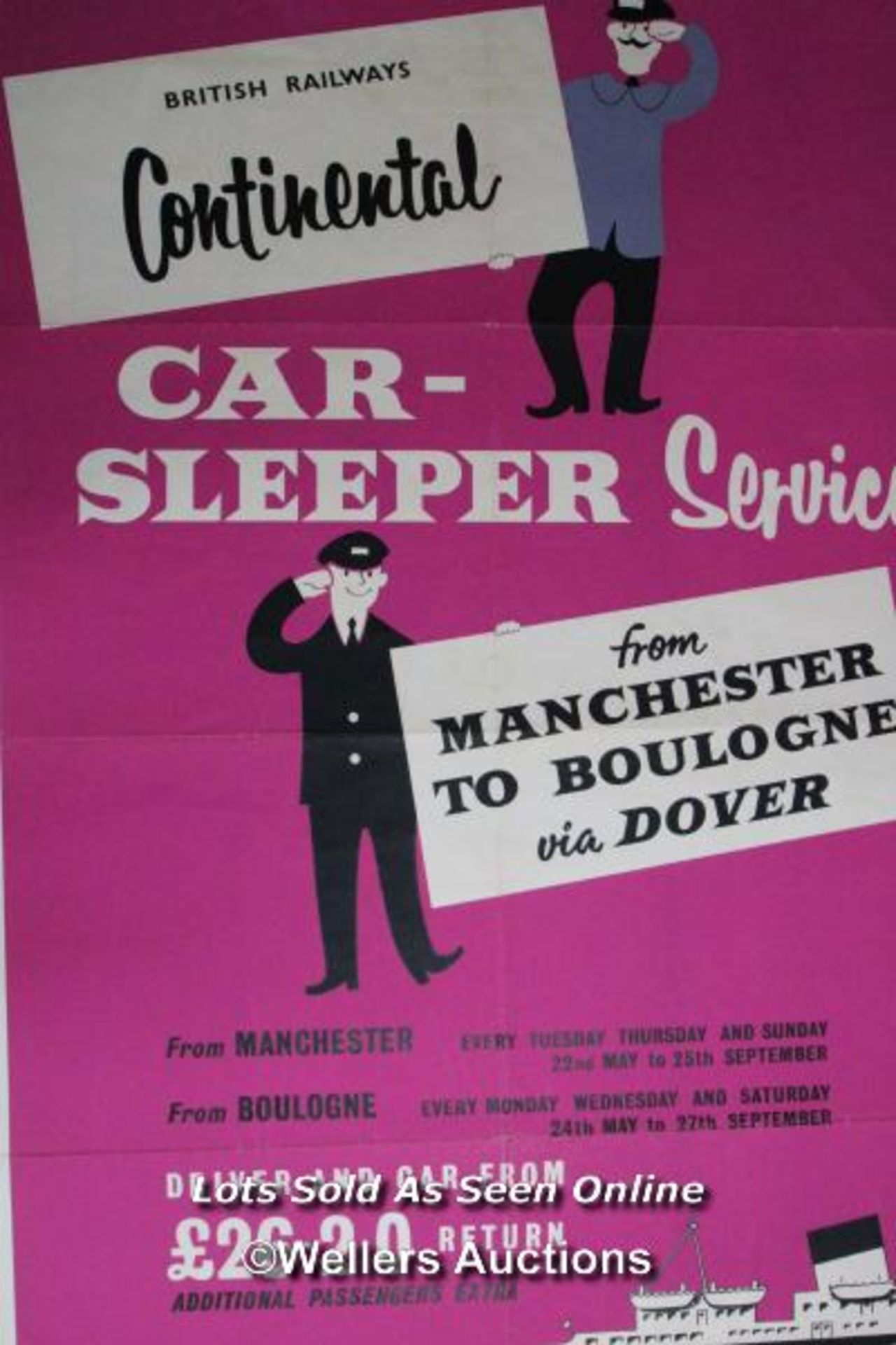 Vintage British Railways poster 'Continental Car Sleeper Service from Manchester to Boulogne via - Image 2 of 6