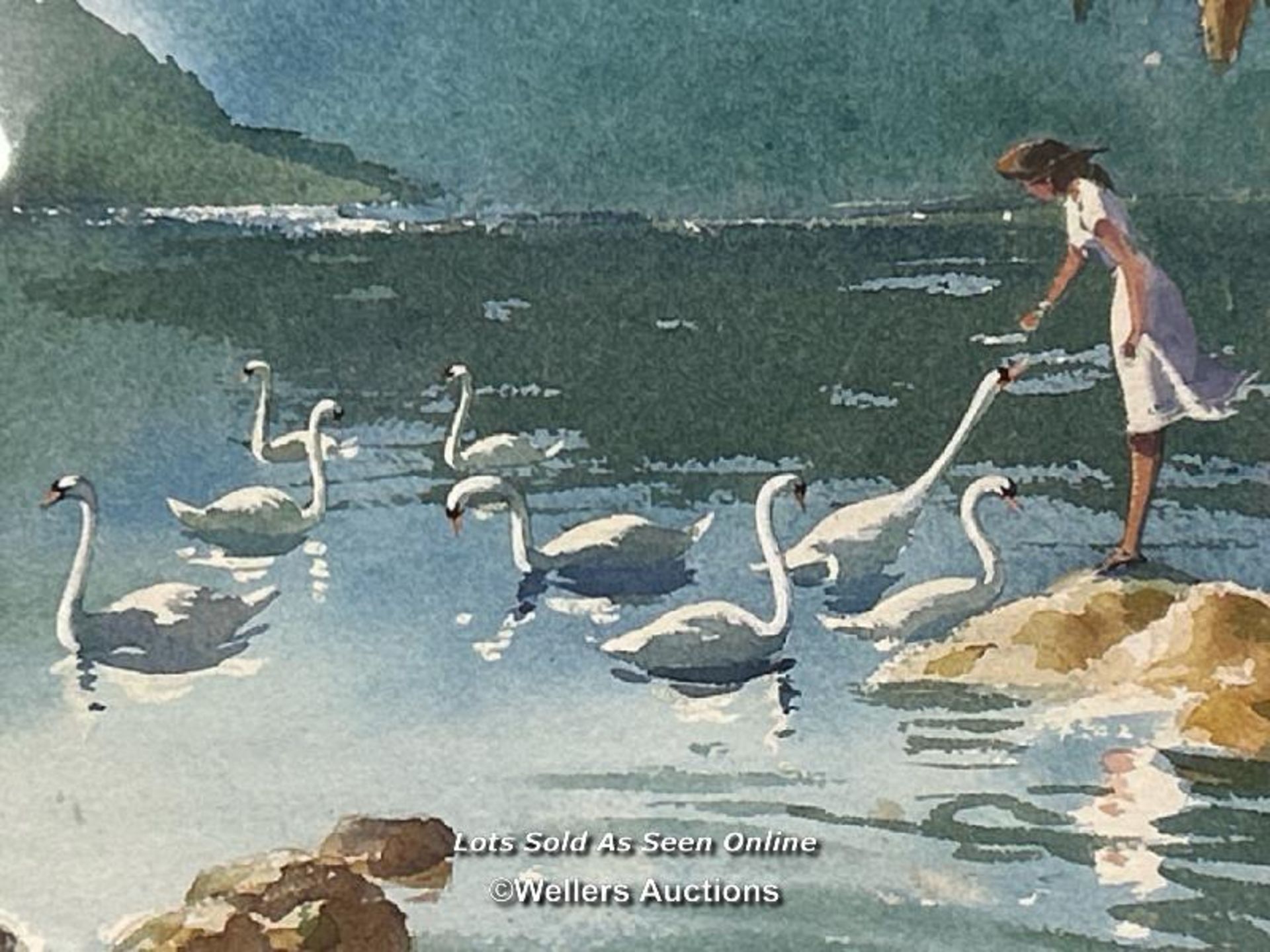Bernard Bays (1910-1994) "Feeding the Swans" watercolour, signed, 32x25cm - Image 2 of 6