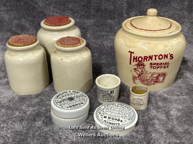 Antique S.Maw, Son & Sons Cherry Toothpaste pot, Woods Toothpaste lid, two small ointment pots