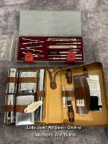 An unused travelling motoring vanity grooming set by Connoisseur and cased technical drawing set /