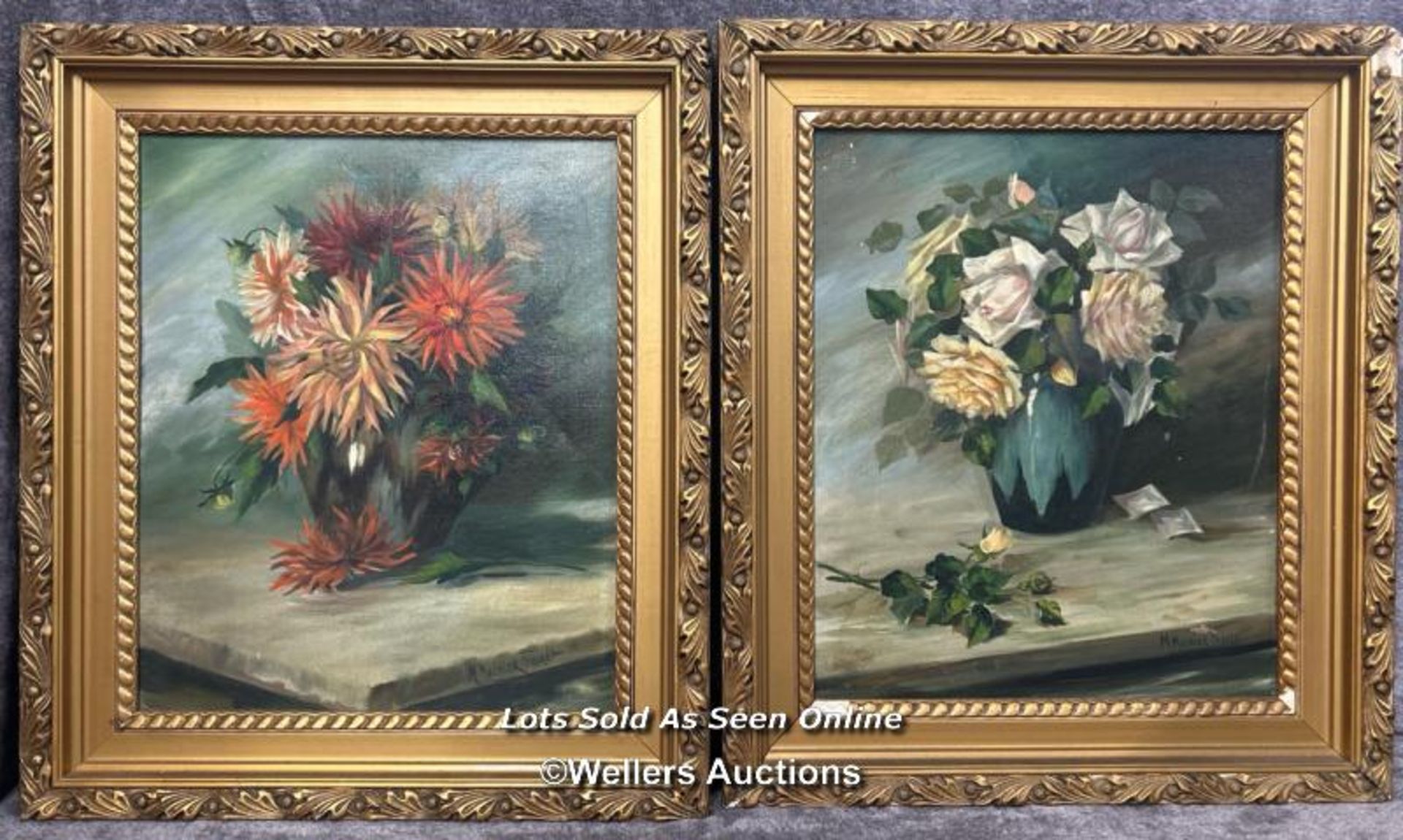 Two still life oil on canvas floral paintings signed M. Mounier Thouret, 36 x 44cm