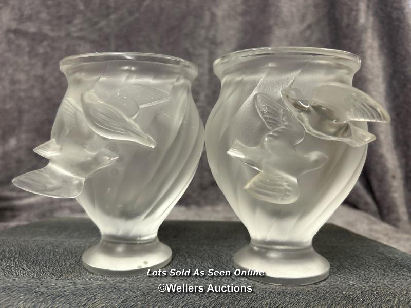 Two similar Lalique France Rosine frosted Dove vases c1960's , signed at the base, both 13cm