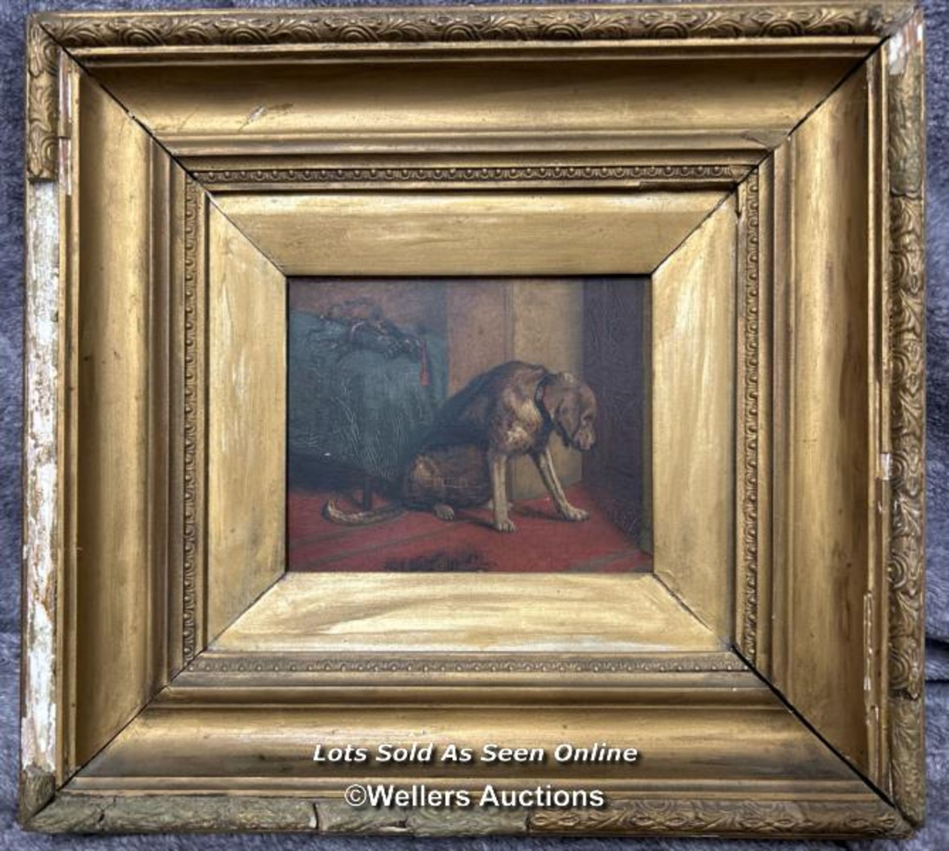 Small old oil on board painting of a Dog head bowed, with what could be armour gauntlets on the
