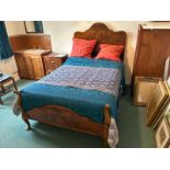 Walnut bedframe, with scalloped head rest carved finials and wooden slats, total Lenth 203cm,