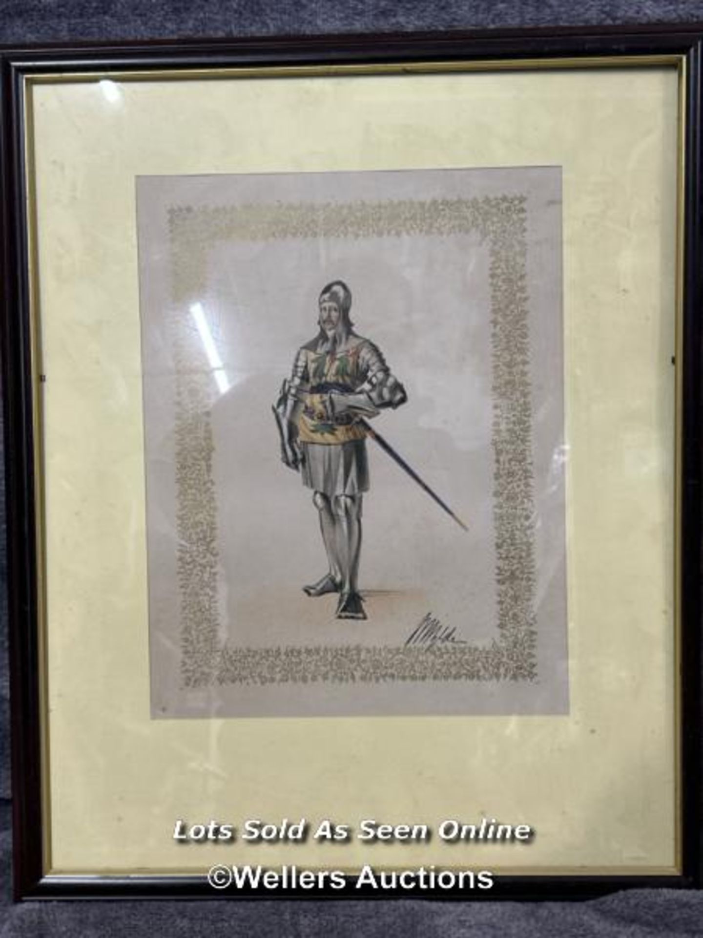Framed etching of a Knight in armour, 26 x 33cm